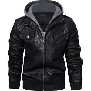 🆕 Men Black Faux Leather Zipper Motorcycle Bomber Jacket Stand Collar PU Hood